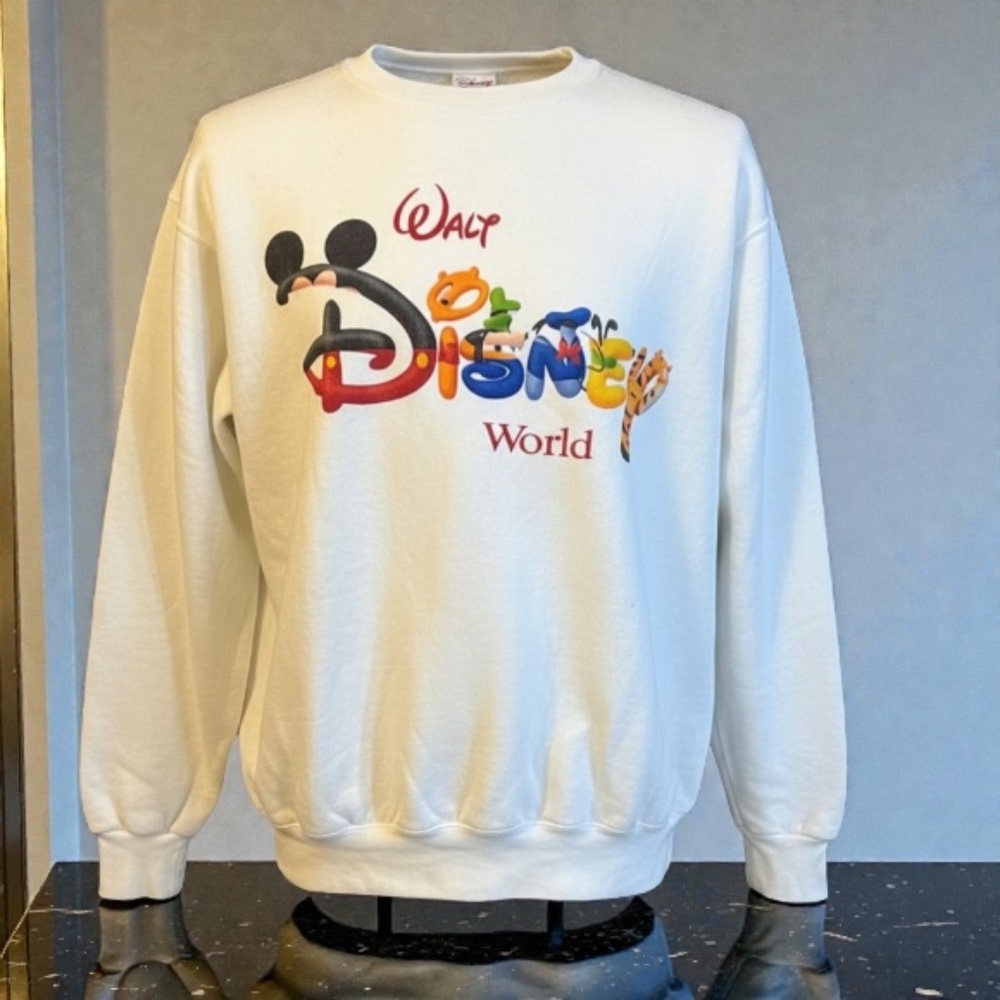 Vintage 1990s Disney Cream Crewneck Sweater with Colorful Logo